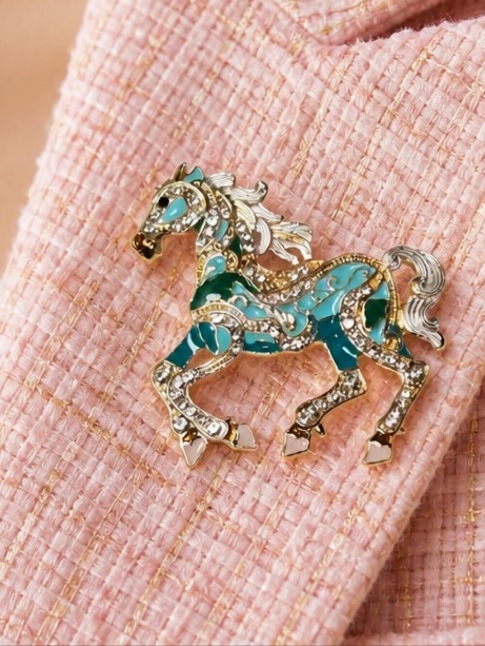 Teal Rhinestone Galloping Horse Brooch Western Equestrian Pin Whimsy Equine Gift